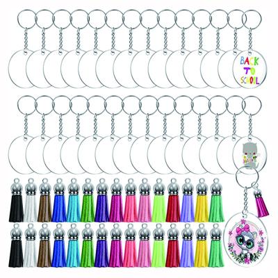 China Fashional Souvenir Gifts Wholesale 30pcs Clear Plastic Sublimation Round Blank Acrylic Keychains With Tassel for sale