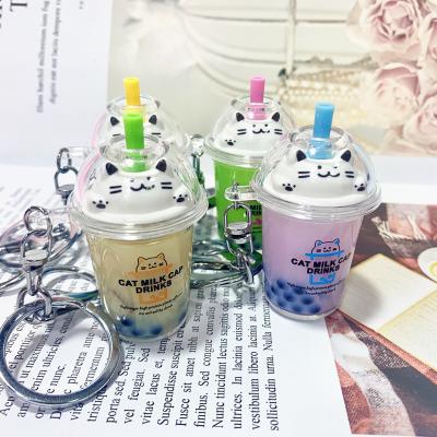 China Mini Cat Milk Tea Cup Key Pendant Chain Souivenir Accessories Gift Cat Liquid Boba Keychain Cute Acrylic With Bell for sale