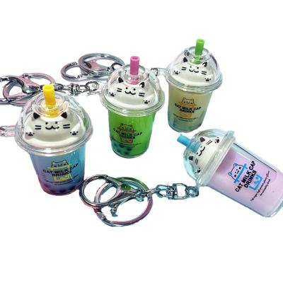 China 2021 Cat Lid Milk Tea Cup Acrylic Liquid Keychain Souvenir Novelty Girl Gift Boba Key Chain for sale