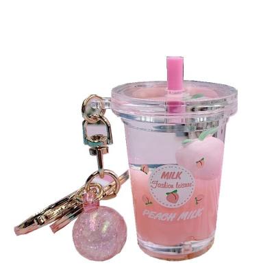 China Wholesale Souvenir Milk Tea Key Chain Bottle Cup Bubble Liquid Plastic Tea Cup Keychains For Promotional Gift for sale