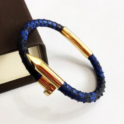 China Trendy Fashion Mens Stainless Steel Nail Bracelet Multi Colors Genuine Python Leather Nail Cuff Bracelet for sale