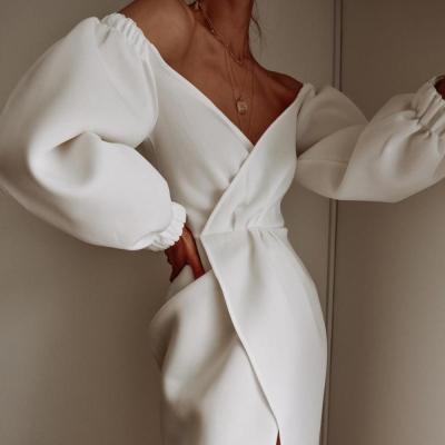 China 2021 Autumn Fashion Off-Shoulder Dress Deep-V Puff Sleeve Anti-Wrinkle Ruched Lady High Split Design Women Fashion White Dress for sale