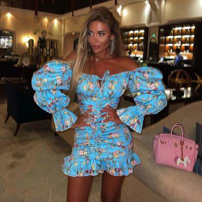 China 2021 Autumn Hot Anti-Wrinkle Blast Ins Fashion Fashion Sheath Lady Floral Printed Casual Blue Mini Dress for sale