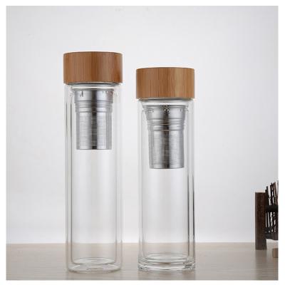 China BPA Free Viable Promotional Glass Double Wall Water Bottle Loose Leaf Tea Infuser Bottle With Bamboo Lid for sale