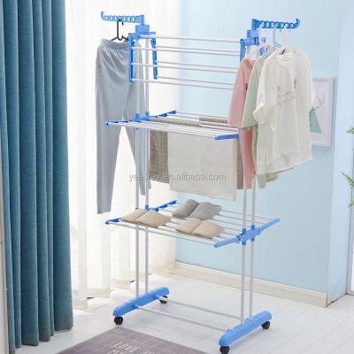 China Have Wheels Foldable 3 Tier Clothes Drying Rack Rolling Folding Laundry Dryer Hanger Stand Up Indoor Outdoor Dark Blue Cloth Storage Rack for sale