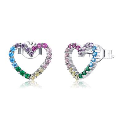 China Cute Korean Rainbow Color Jewelry Girls Heart Shaped Zircon S925 Sterling Silver Version Stud Earrings for sale