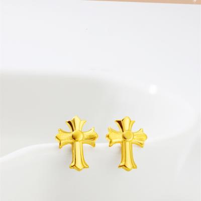 China Fashion Jewelry Wholesale High Grade Solid 14k18K Gold Religious Pure Gold Geometric Cross Men And Women Stud Earrings for sale