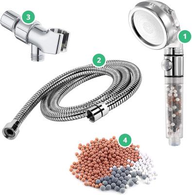 China Modern Eco Power High Pressure Shower Head 3 Hand Held Spray Settings With Hose, Wall Adapter And Replacement Beads for sale