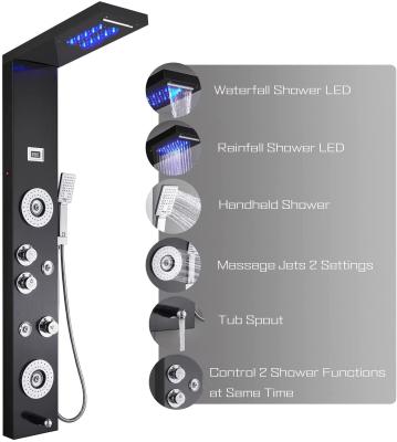 China Modern Stainless Steel Shower Panel Tower System, LED 6-Function Shower Head Faucet Rain Massage System with Body Jets, Black for sale