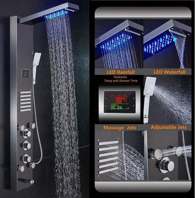 China Modern LED Shower Panel Tower System, Hydro Display Rainfall Massage with Jets, Brushed Black for sale