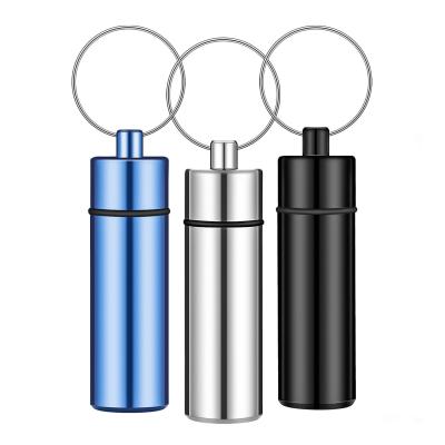 China Waterproof Capsule Box Pill Key Chain Made In China 17x60mm Aluminum Metal Pill Container Vial Key Chains For Oil for sale