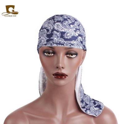 China New fashion image QC-TJM-05G stretch long tail designer cowls high and satin printed hip pop style durag durags for sale