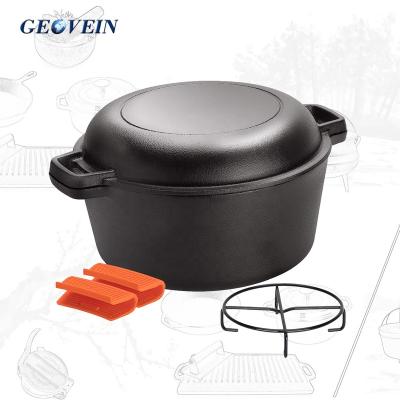 China Durable Double Use Dutch Oven Cast Iron 2-in-1 Non-Stick Black Casserole With Frying Pan Cover for sale