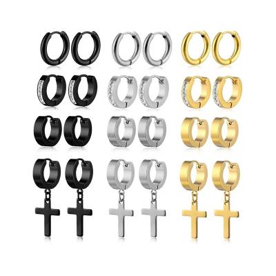 China 12pairs Luxury Environmentally Friendly Stainless Steel CZ Stud Earrings Zircon Round Black Stud Earrings Huggie Circle Earrings Set For Women Men for sale