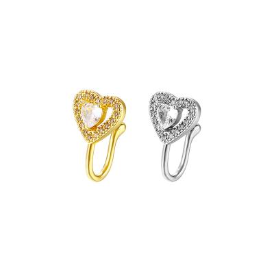 China New Fashion Designer Face Nose Ring Clips Heart Copper Inlaid Durable Zircon Gold Filled Adjustable Non-Puncture Fine Jewelry for sale