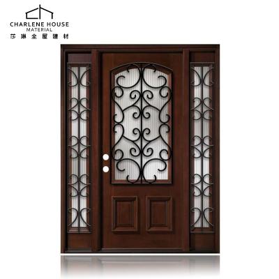 China EUROPEAN Wood Frame Entrance Decoration Wrought Iron Glass Door for sale