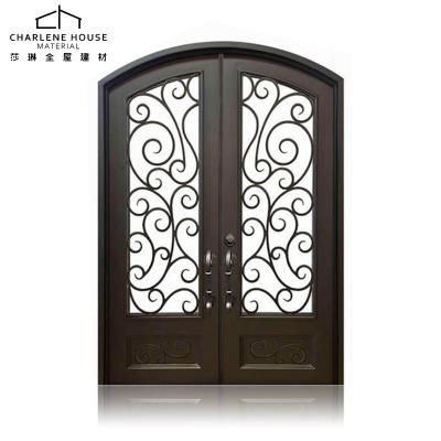 China Traditional Exterior Wrought Iron Arched Entry Door with Tempered Glass for sale