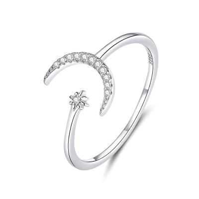 China CLASSIC Crescent Moon Ring Adjustable Gift 925 Sterling Silver Women Zirconia Star Tasty Jewelry for sale