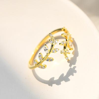 China Good Quality 925 Sterling Silver Women Gold Jewelry CLASSIC Adjustable Shiny Zirconia Leaf Ring for sale