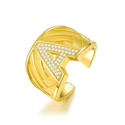 China Valentine's Day Gift CLASSIC 925 Sterling Silver Men Thick Gold Letter Jewelry Luxury Zircon Initial Ring for sale