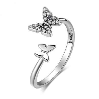 China FASHIONABLE 925 Sterling Silver White Gold Plated Women Engagement Double Zircon Butterfly Ring for sale