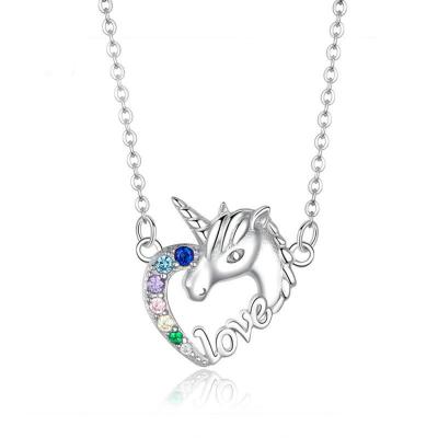 China 925 Sterling Silver Women Cute Heart Cubic Zirconia Script Love Forever Unicorn Necklace for sale