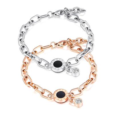 China Number Engraved Stainless Steel Women Rose Gold Zircon Roman Numeral Charm Chain Bracelet for sale