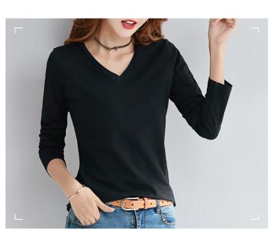 China Anti-pilling Custom Design Cotton T-shirt Women Cultivate Her Morality Leisure Long Sleeve V-Neck Wholesale Supply for sale