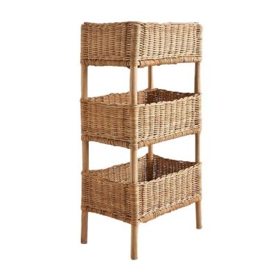 China Sustainable Handmade Three Layers Rattan Rack Storage Rack Weaving Basket Shelf Rack Tiered Home Decor Eco-Friendly for sale