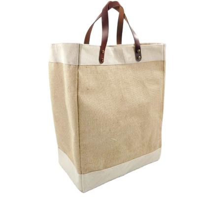 China Fashion Women Canvas Jute Waterproof Shopping Grocery Tote Bag With Leather Handle for sale