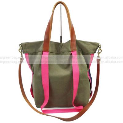 China Eco-Friendly Natural 100% Cotton Customized Fashion Color Tote Bag Cotton Canvas Real Leather Shoulder Bag for sale