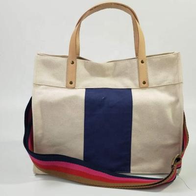 China Eco-friendly 100% real cotton custom natural color canvas tote bag natural white stitching leather shoulder bag for sale