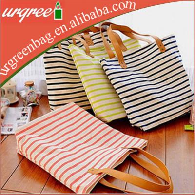 China Eco-Friendly 100% Natural Promotional Stripe Cotton Cotton Canvas Shopping Tote Bag With Leather Handle for sale