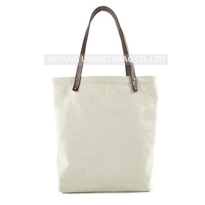 China Tote Bag Popular Good Quality Cotton Canvas Tote Bag With Genuine Leather Handles for sale