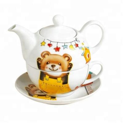 China Viable Cartoon Cute Bear Decal 3 Pcs Ceramic Tea Set For One Service With Teapot, Cup And Saucer for sale