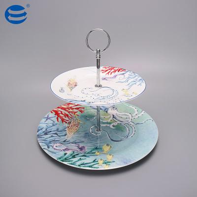 China Excellent Bone China Dinner Plate Sustainable Dish New Bone China Ceramic Cake Stand 2pcs with Metal Stand for sale