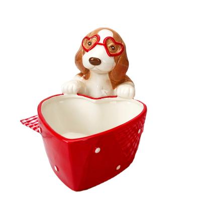 China Sustainable New Design Heart Shaped Bowl With Cute Dog Pattern Ceramic Bowls With Color Box Packing for sale