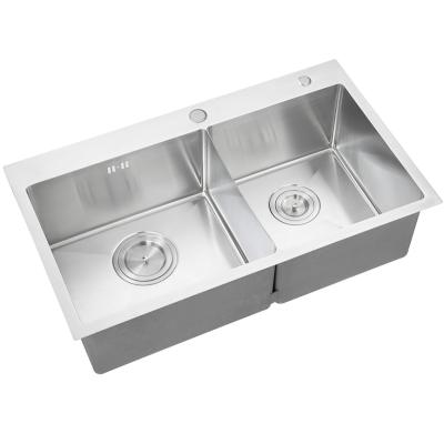 China Without Faucet New Handmade Slim Design Stainless Steel Deck Double Bowl Kitchen Sink With Overflow Hole for sale