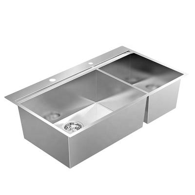 China Without Faucet Farmhouse House 304 Stainless Steel Double Bowl Handmade Kitchen Sinks With Faucet Landing for sale