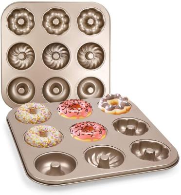 China Restaurant Home Viable Carbon Steel Gold Color 9 Cavity Non-Stick Donut Mold For Cupcake Cake Cookie Baking Tray Mold for sale