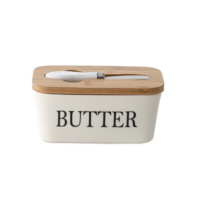 China Viable Viable Accept Logo Customized Ceramic Butter Box With Lid Bamboo Butter Dish With Knife for sale