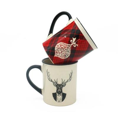 China Viable Mr. Deer Gift Stoneware Coffee Mug With Black Color Rim And Black Color Handle, 11oz Mug for sale