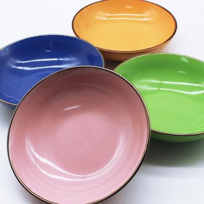 China Sustainable ceramic bowl with solid color and with color rim and with color dots for sale