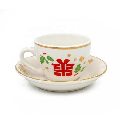 China Viable Set Christmas Gift Theme Ceramic Tea Coffee Cup Saucer Mug Mugs With Gold Christmas Design Printing for sale