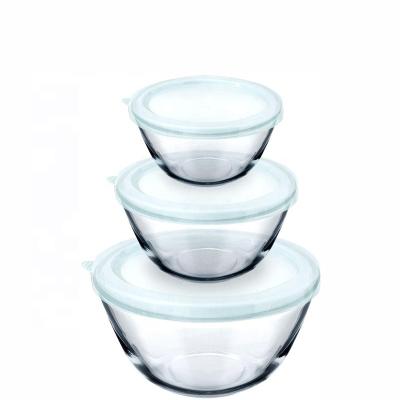 China Sustainable Glass Salad Mixing Bowl Microwave Oven Safe With Handle Lid Glass Food Storage Container Bowl for sale