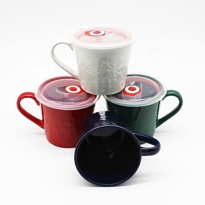 China Viable Custom Design Ceramic Espresso Coffee Mugs With Handle With PP Relief And Lid for sale