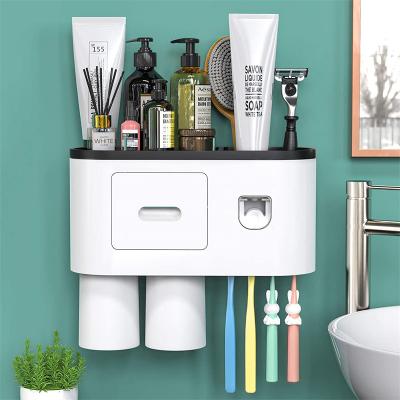 China Sustainable Wall Mounted Bathroom Toothbrush Holder with Toothpaste Squeezer, Magnetic Cup, Drawer and Organizer 4 Toothbrush Storage Slots for sale