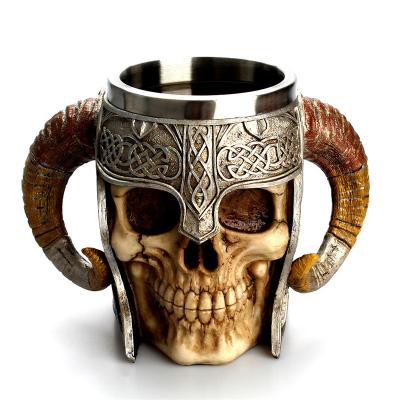 China Medieval Viking Warrior Skull Drinkware Mug Stainless Steel Double Handle Skull Horn Tankard Unbreakable Beer Mug For Coffee/Beer for sale