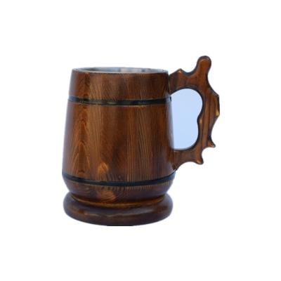 China Unbreakable Handmade Wooden Mug Stainless Steel Mug Carved Natural Beer Stein Old-Fashioned Brown Wood Carving Large Beer Mug Gift Ideas for sale