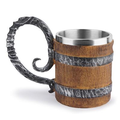 China Vintage Faux Oak Wood Shatterproof Beer Mug, Retro Viking Stainless Steel Coffee Cup Medieval Stein Tankard, 17oz/500ML, Unique Gift for sale